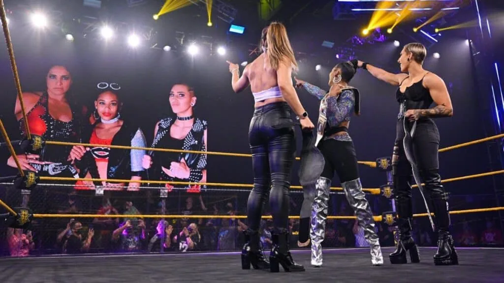 Raquel Rodriguez, Bianca Belair, and Rhea Ripley